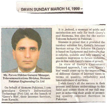 Dawn – Parvez Iftikhar General Manager, Telecommunication Divisions, Siemens Pakistan Engineering Co. Ltd