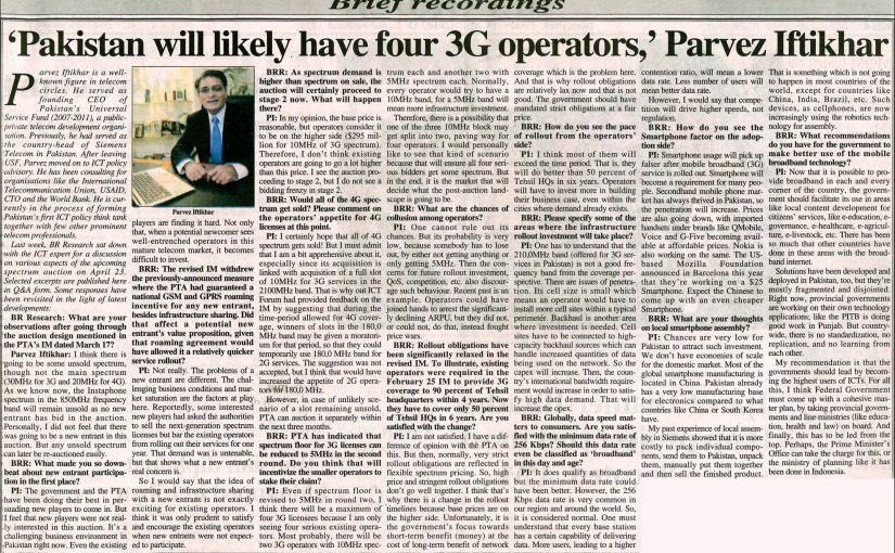 Business Recorder- Pakistan will likely have four 4G operators