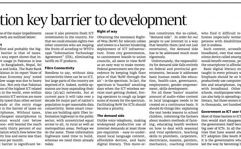 The Express Tribune – High taxation key barrier to development, 01-Jan-2017