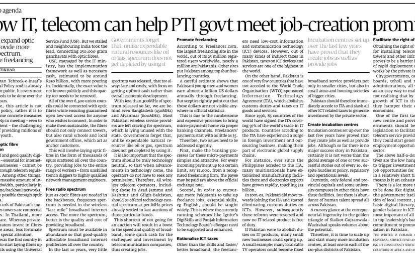 The Express Tribune: How IT, telecom can help PTI govt meet job-creation promise, 27 August 2018