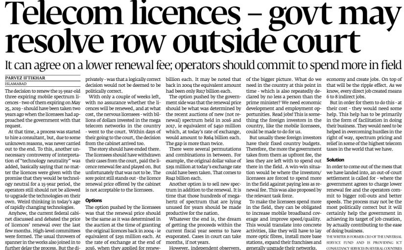 The Express Tribune: Telecom licences – govt may resolve row outside court, 13 May 2019